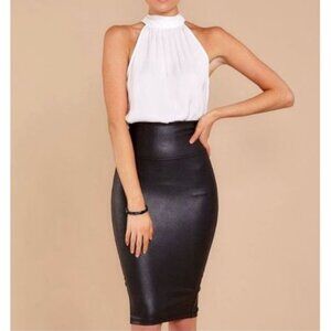 Spanx Faux Leather Pencil Skirt Very Black High-Waist Shiny Stretchy Edgy Midi
